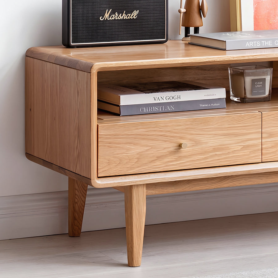 Corona TV Stand lifestyle view with solid oak tv stand