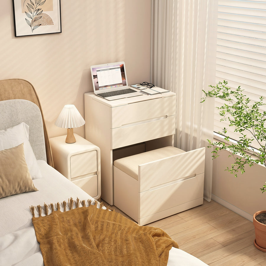 Prudence Dressing Table With Storage Stool lifestyle view with cream stool dressing table