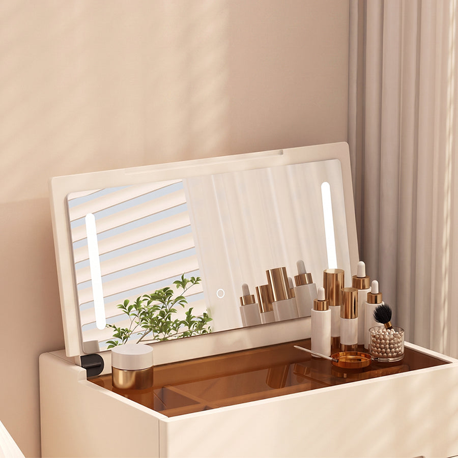 Prudence Dressing Table With Storage Stool room setting for TV storage