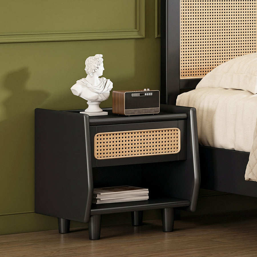 Rosemary Double Bed / King Size / Super King Size, Black Wood With Rattan