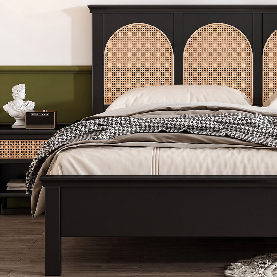 Rosemary Double Bed / King Size / Super King Size, Black Wood With Rattan