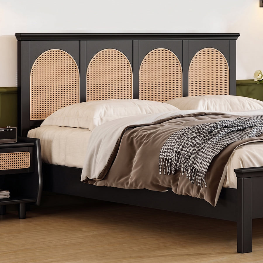 Rosemary Double Bed / King Size / Super King Size, Black Wood With Rattan