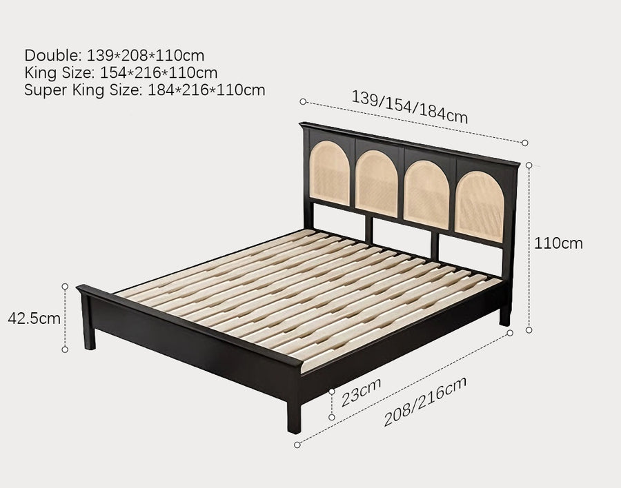 Rosemary Double Bed / King Size / Super King Size, Black Wood With Rattan