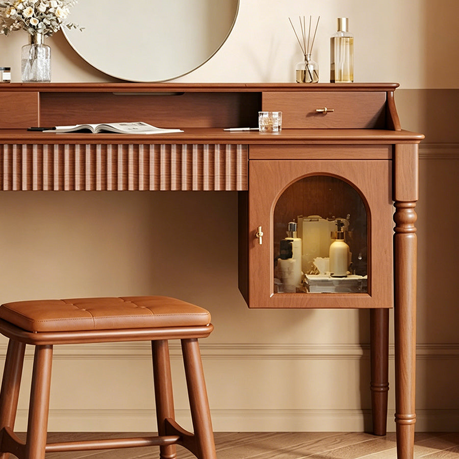 Ryan Dressing Table, Cherry Wood cabinet and shelf detail