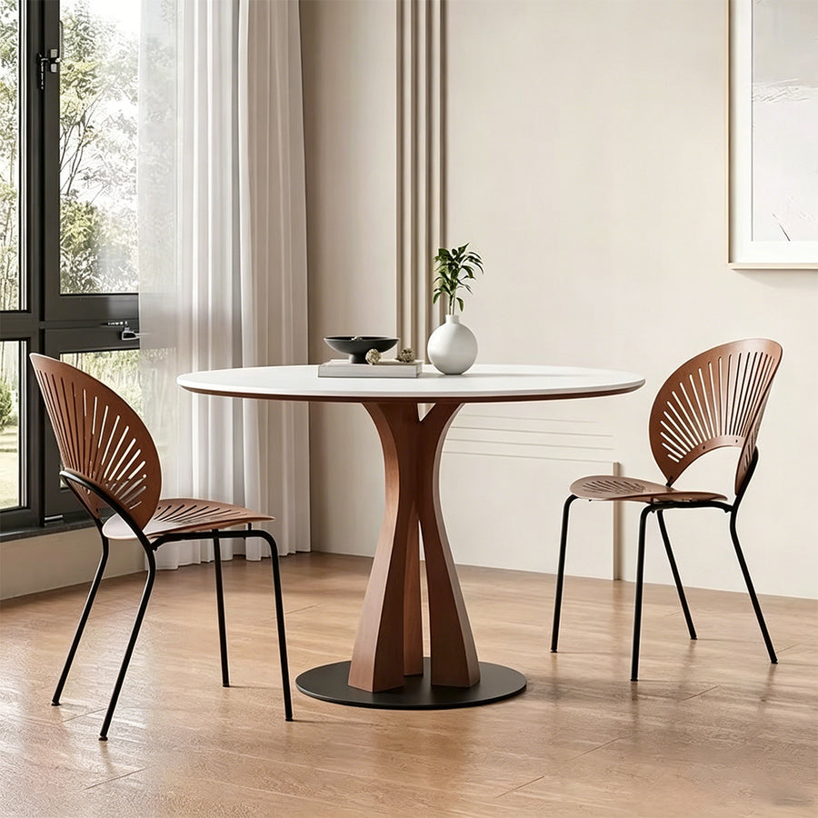 Seraphim Round Dining Table lifestyle view with white round dining table for 6