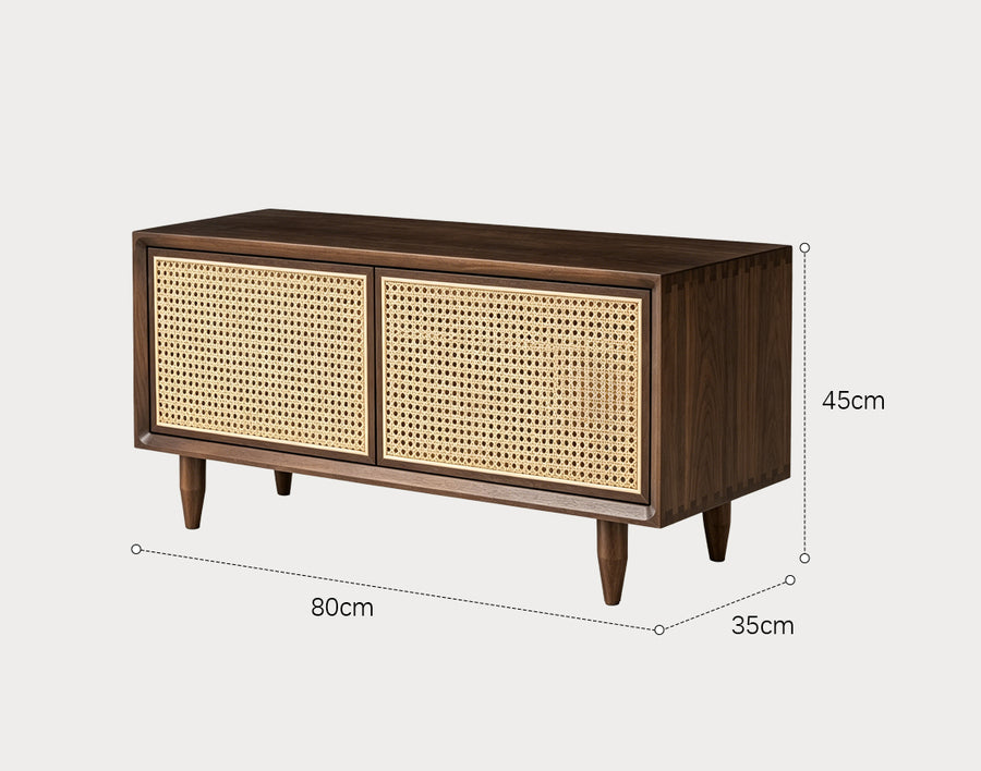 Tawny Rattan TV Stand cabinet and shelf detail