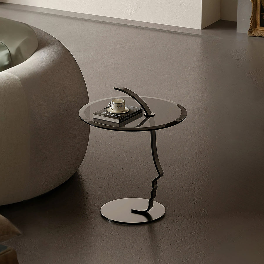 Theobald Face Side Table, Carbon Steel Rack & Tempered Glass - glass side table UK