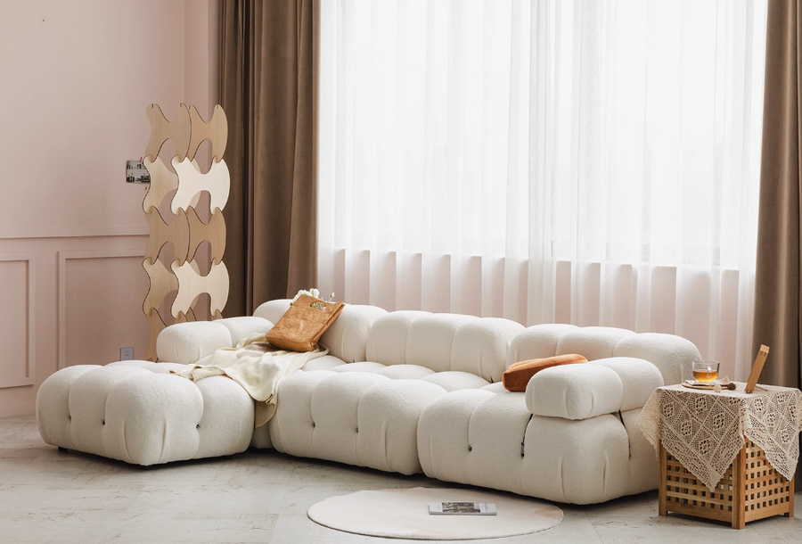 B&B Camaleonda Style Two Seater, Three Seater, Two Seater Corner Sofa, Boucle front view as a corner two seater sofa