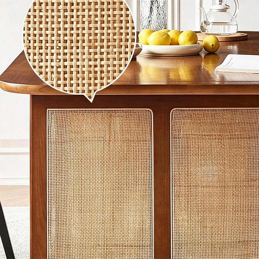 Waldron Rattan Dining Table Set lifestyle view with oak dining table & chairs