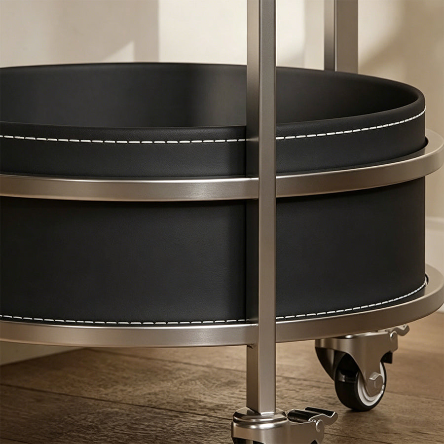 Willis Round Side Table, Movable Trolly, Black detail view for leather side table UK