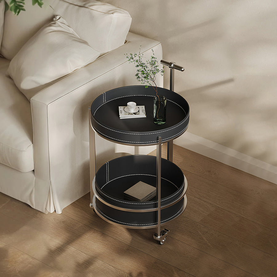 Willis Round Side Table, Movable Trolly, Black - leather side table UK
