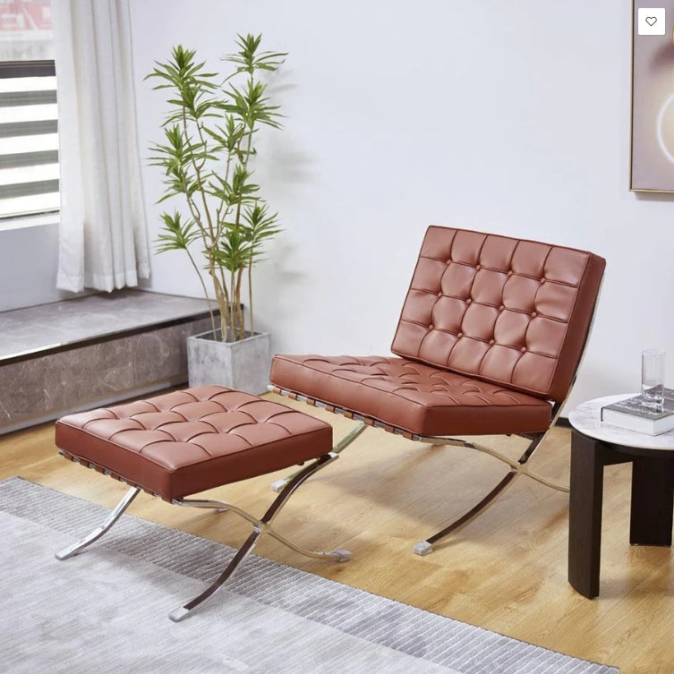 Barcelona Chair And Stool, Real Leather detail view for armchair for living room