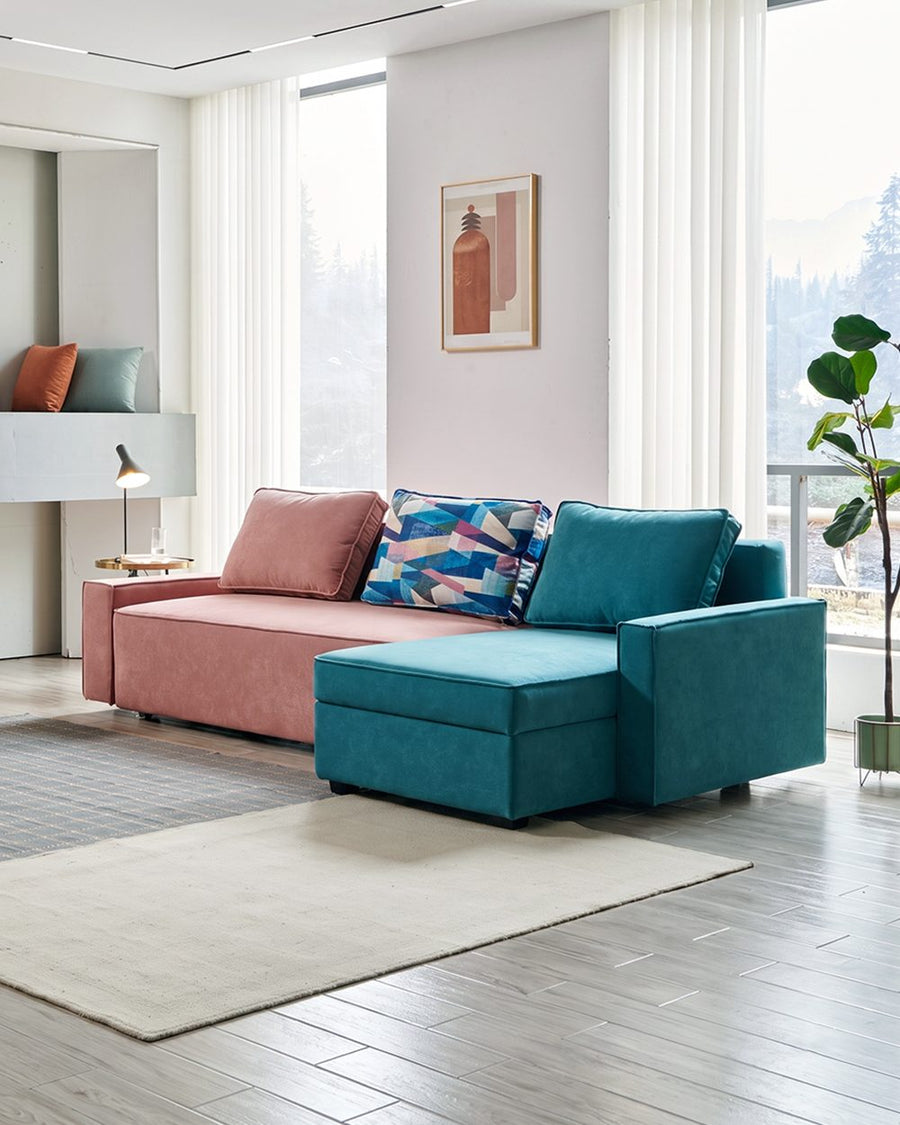 Adnan L Shape Three Seater Corner Sofa Bed, With Storage, Blue & Pink 产品图 9