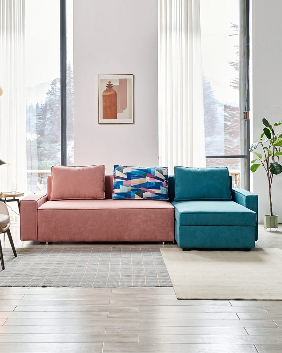 Adnan L Shape Three Seater Corner Sofa Bed, With Storage, Blue & Pink 产品图 10