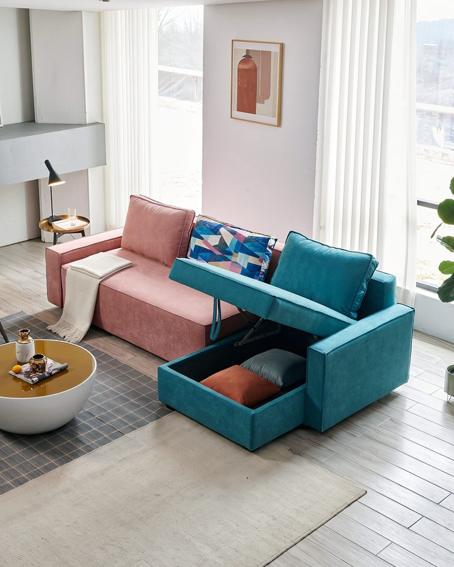 Adnan L Shape Three Seater Corner Sofa Bed, With Storage, Blue & Pink 产品图 11