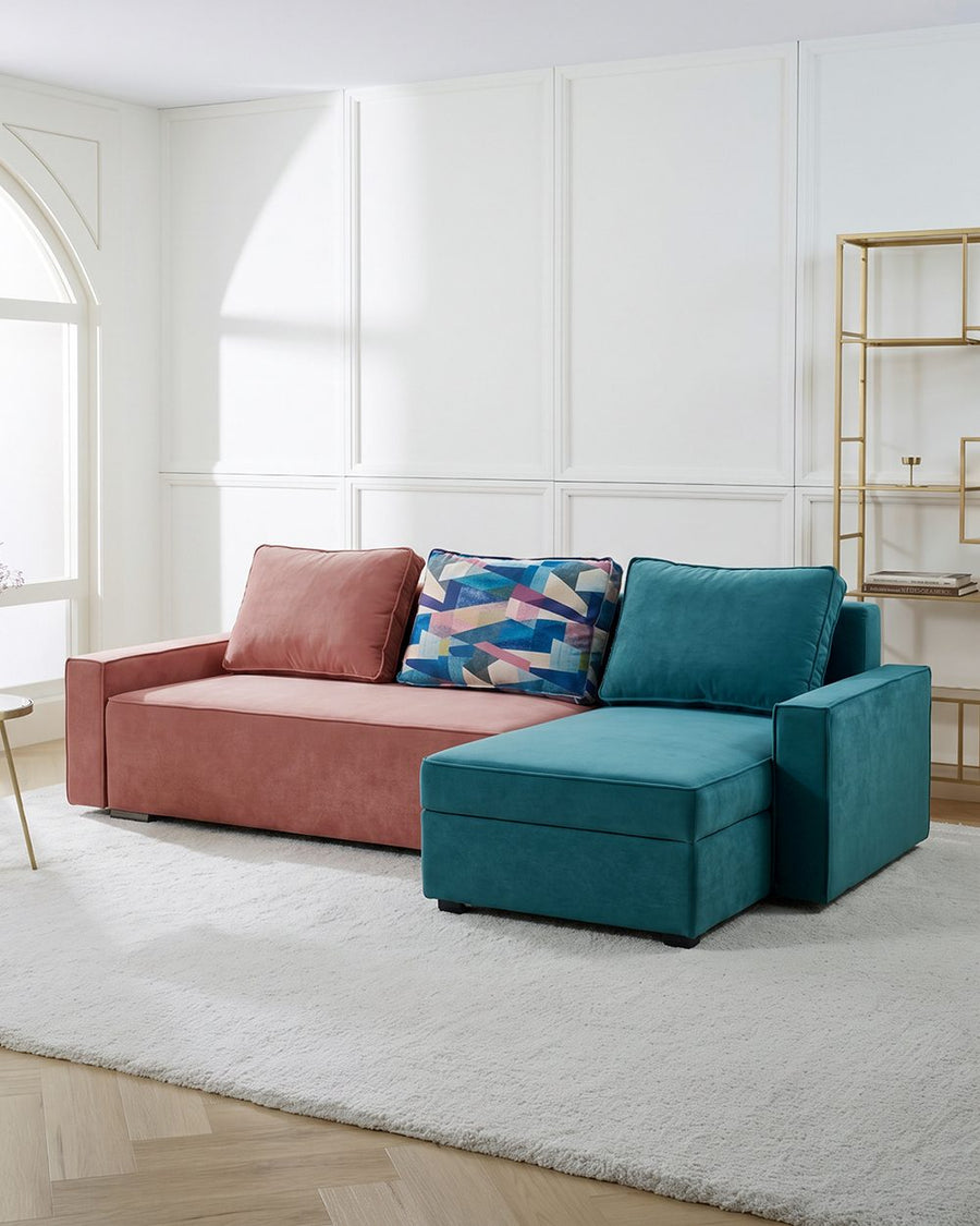 Adnan L Shape Three Seater Corner Sofa Bed, With Storage, Blue & Pink 产品图 9