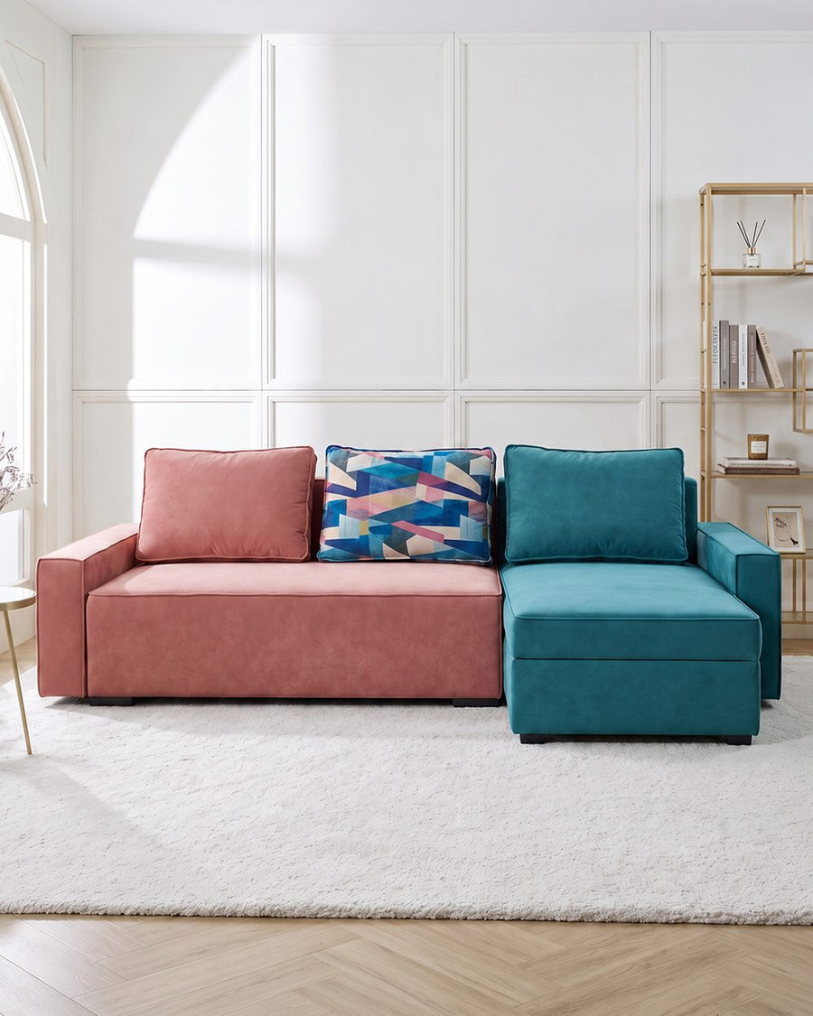 Adnan L Shape Three Seater Corner Sofa Bed, With Storage, Blue & Pink 产品图 11
