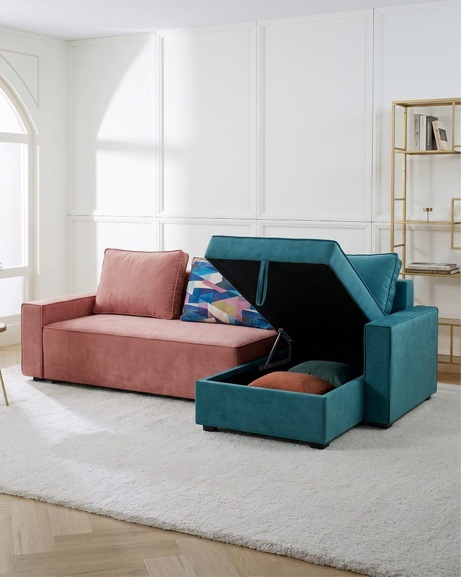 Adnan L Shape Three Seater Corner Sofa Bed, With Storage, Blue & Pink 产品图 12
