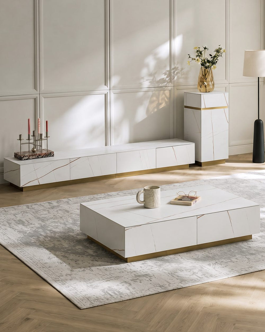 Demelza TV Stand Set With Coffee Table, Gold Base, Sintered Stone 产品图 16
