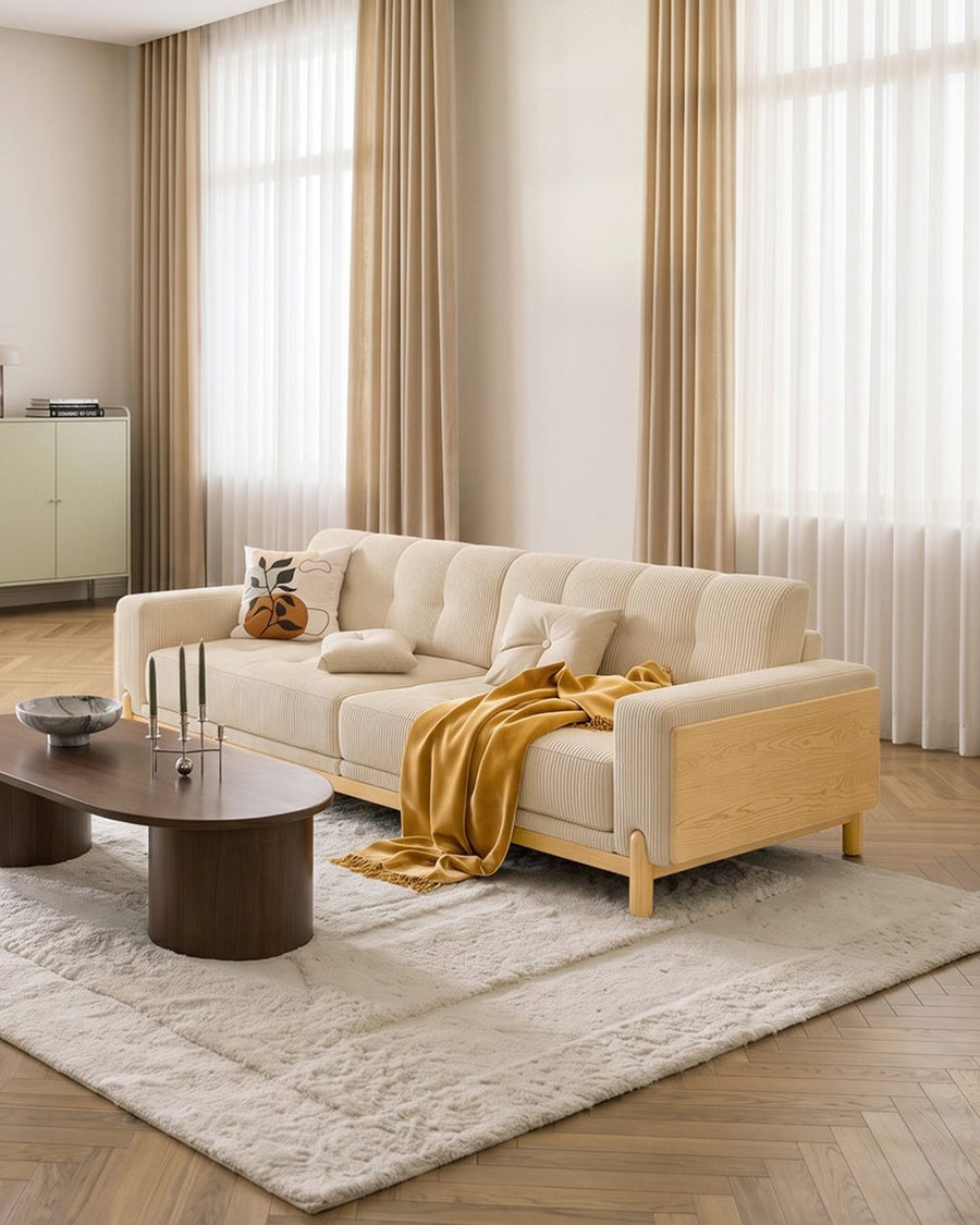 Catalina Cloud Sofa,  Two Seater, Three Seater Sofa, Cream Corduroy, Cherry Wood 产品图 10