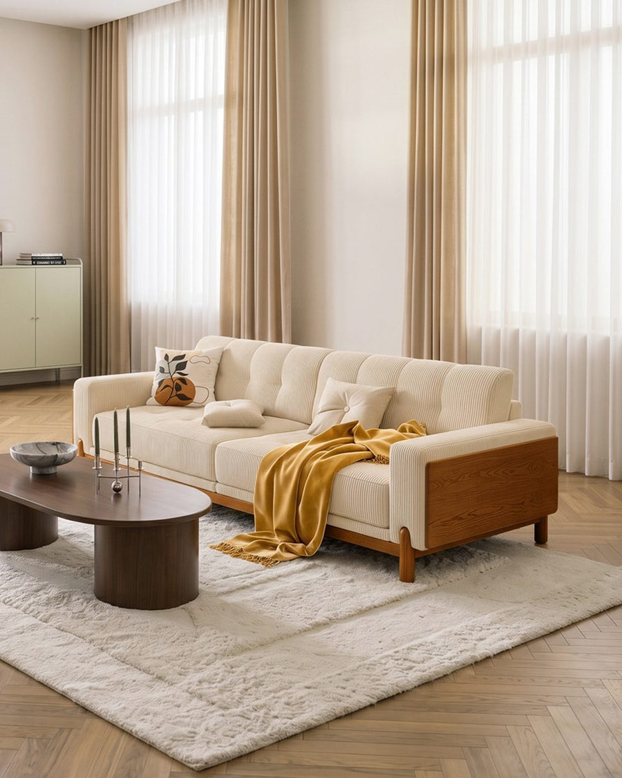 Catalina Cloud Sofa,  Two Seater, Three Seater Sofa, Cream Corduroy, Cherry Wood 产品图 11
