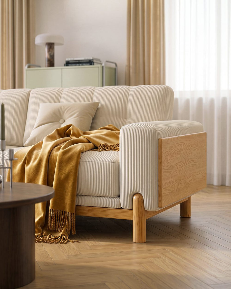 Catalina Cloud Sofa,  Two Seater, Three Seater Sofa, Cream Corduroy, Cherry Wood 产品图 14