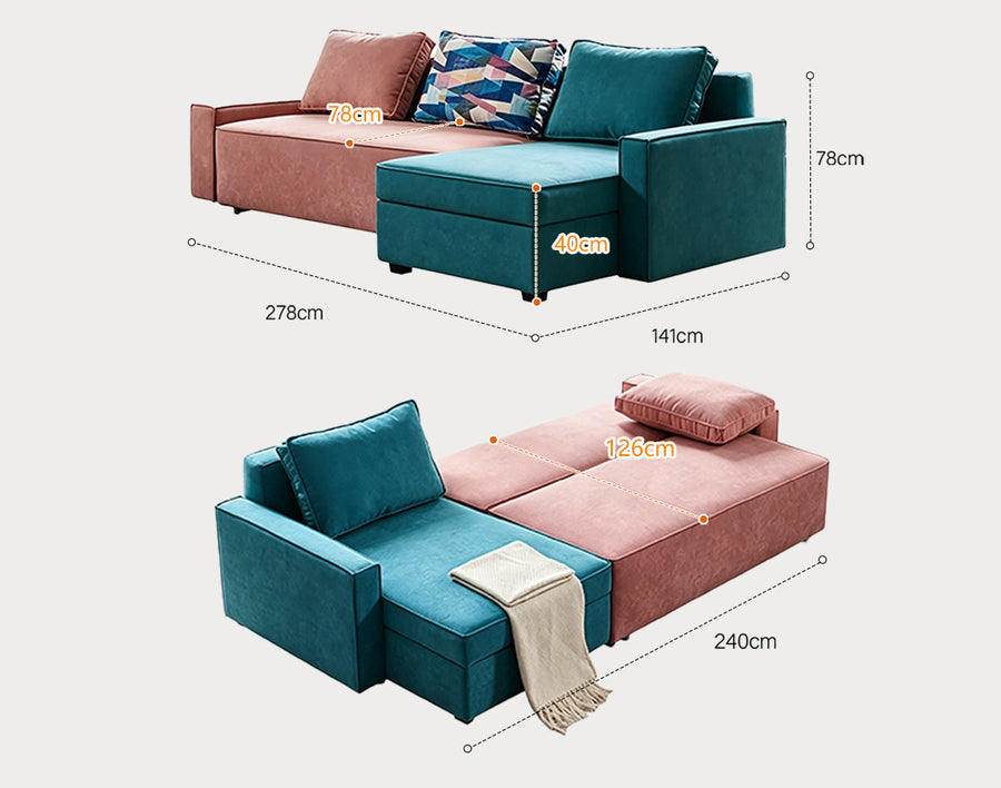 Adnan L Shape Three Seater Corner Sofa Bed, With Storage, Blue & Pink room setting with space saving sofa bed design