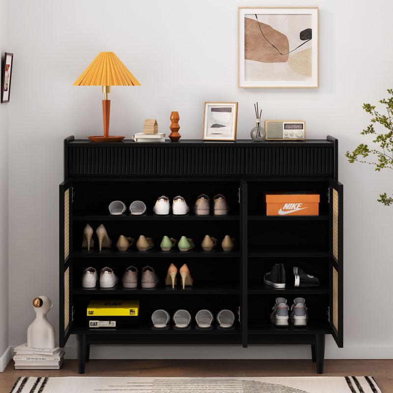 Merton Rattan Shoe Storage With Drawer, Black detail view for narrow shoe storage cabinet