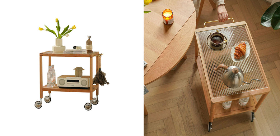Burzo 2-tier Trolley on Wheels, Kitchen Storage Utility Cart, Wood styled for utility trolley on wheels