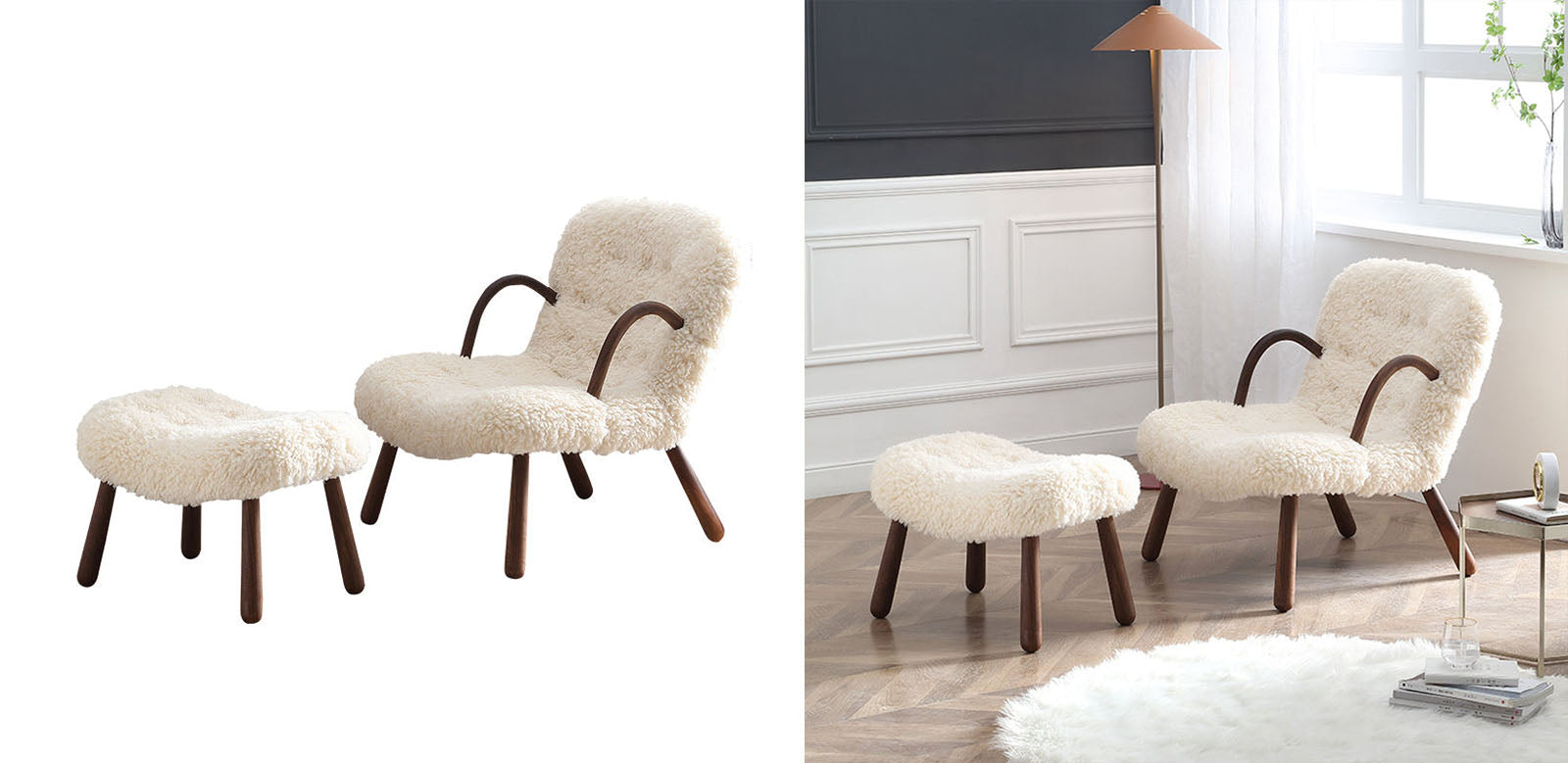 Philip Arc Sheepskin Armchair And Ottoman, White Wool｜Rit Concept