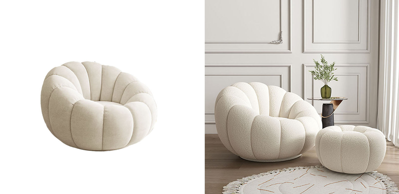 Pumpkin Round Armchair, White Boucle, Single Seater Sofa, Clearance｜Rit Concept